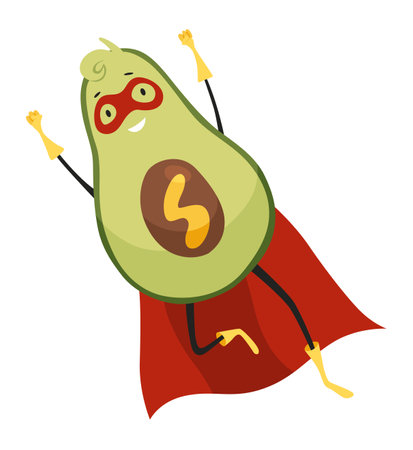 Avocado character with happy emotions. Cheerful vegetable person. Avocado super hero funny cartoon character. Vector flat illustrationのイラスト素材