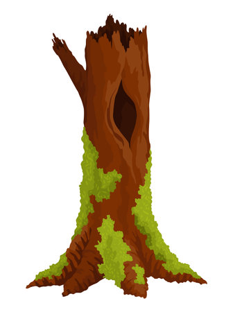 Log, stump in moss. Cartoon tree lichen in swamp jungle. Broken oak in tropical damp forest. Isolated vector design element on white backgroundのイラスト素材