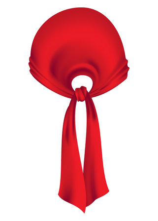 Red realistic bandana on head. Youth fashion head or cowboy garment element template. Biker face scarf, bandanna neck shawl. Blank handkerchief unisex uniform. Western clothesのイラスト素材