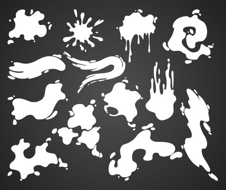 Paint blots. Creative isolated paint brush strokes or spots. Ink smudge abstract shape stains set with texture. Grunge design elements. Collection of different dropsのイラスト素材