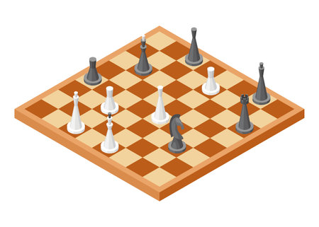 Board game, flat isometric view. Isolated colored icon of chessboard. Cartoon family table game for adults and kids for leisure and recreation. Vector illustration.のイラスト素材