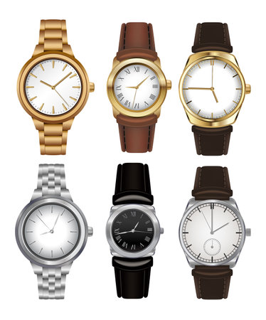 Mechanical watch set in classic design. Realistic wristwatch, luxury fashion objects for men on white background. Elegant business chronograph with metal or leather braceletのイラスト素材