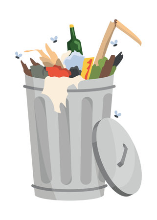 Garbage or waste icon. Metal garbage container with unsorted trash. Rubbish that smells ugly and started to decompose. Ecology and environment concept. Isolated on white background.のイラスト素材