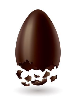 Chocolate egg. Broken, exploded eggshell. Kids confectionery, candy with surprise. Restaurant, cafe menu design. Vector dessert made of dark cocoaのイラスト素材
