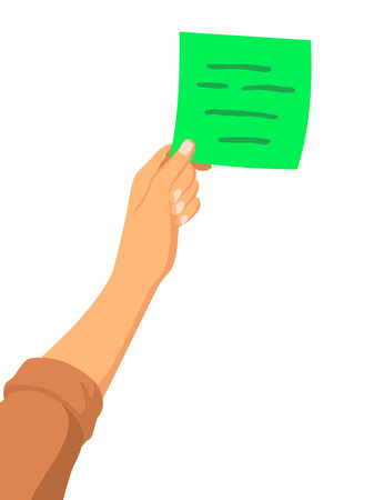 Hand and sticker. Sticky note. Realistic reminder on adhesive tapes. Writing memos on sheet of paper. Vector colorful illustration of notepaper pageのイラスト素材