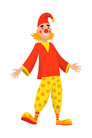 Circus clown. Kids holiday character. Entertainment artist. Jester performer, shapito circus show entertainers in funny costume, wig, makeup and red nose. Performers artist in classic outfitのイラスト素材