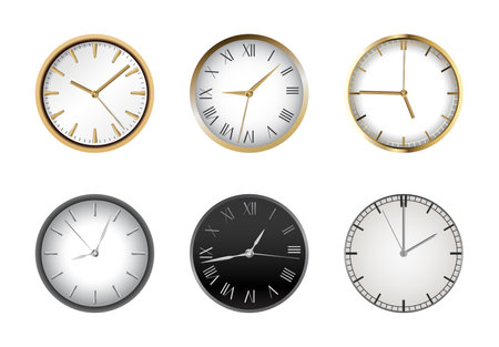 Mechanical watch set in classic design. Realistic wall watch, luxury fashion objects on white background. Elegant business chronographのイラスト素材