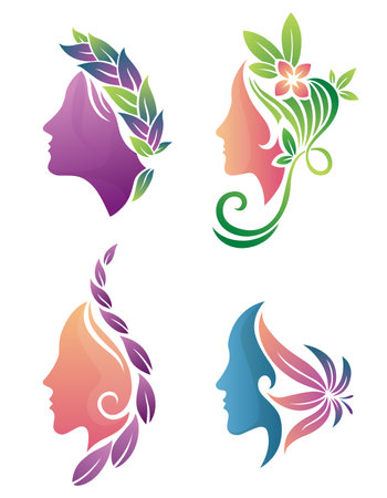 Beautiful, Elegant Silhouettes of Women Adorned with Colorful Floral Designs and Patterns. Beauty logo designのイラスト素材