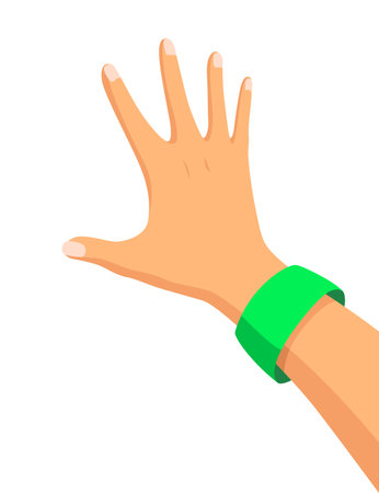 Hand on board with fingers. Realistic reminder, points to something. Vector colorful illustrationのイラスト素材