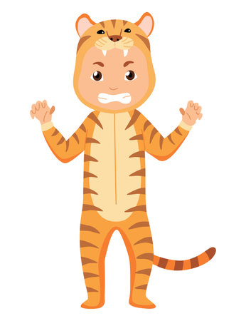 Children animal costume. Colorful animal wearing suit for party tiger. Isolated flat vector designのイラスト素材