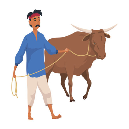 Indian farmer. India village cheering character working with cow harvesting or bangladesh people. Village rural character worker. Rural business and village concept. Vector illustrationのイラスト素材