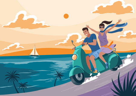 Man and woman on motorbike. Flat couple riding near summer sea. Traveling by motorcycle together, vacation. Trip concept, vector cartoon illustrationのイラスト素材