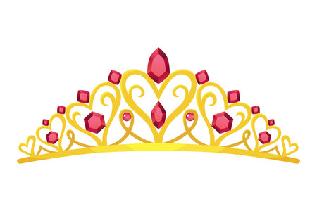 Princess crown tiara icon. Beautiful golden jewels with precious stones. Precious head accessory. Headdress in flat design isolated on white backgroundのイラスト素材
