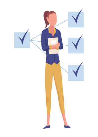 Effective time management. Efficiency work time. Freelance woman worker with productivity clock. Time management, control business time or work deadline concept, smart businesswomanのイラスト素材