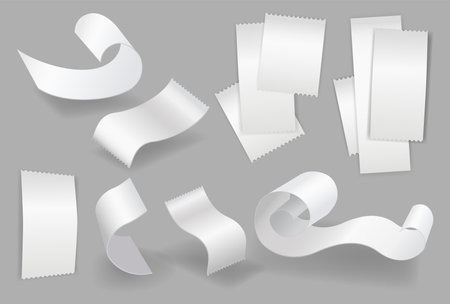 Payment check and receipts with shadows. Set of curved financial paper invoice. Receipt the seller formsのイラスト素材