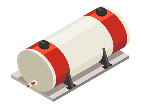 Isometric industrial fuel tank. Vector red and white storage cylinder for oil, fuel, water and gasのイラスト素材