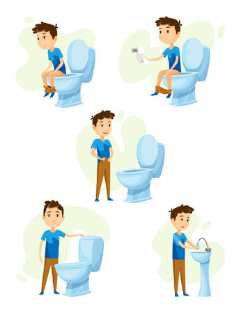 Kid use bathroom icon set. Baby boy using toilet. Cartoon funny preschool kid training to use toilet, isolated on white. Vector illustration infographic how to use the toiletのイラスト素材
