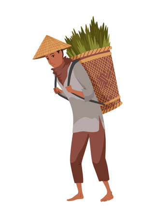 Asian farmer in straw conical hat. Asia rural culture. Chinese farmer carrying yields rice harvest on his shoulders. Vector cartoon illustrationのイラスト素材