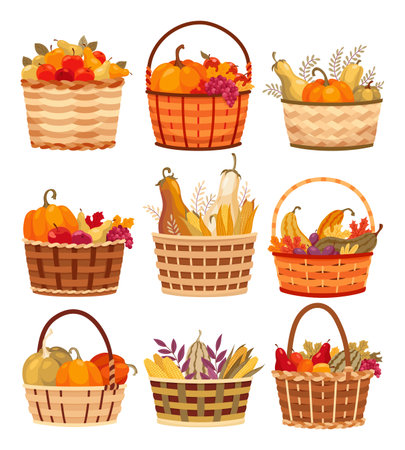 Baskets autumn harvest icon set. Grocery products in eco basket. Fresh organic healthy vegetarian food. Wicker baskets with autumn harvest of fruits and vegetables isolated on whiteのイラスト素材