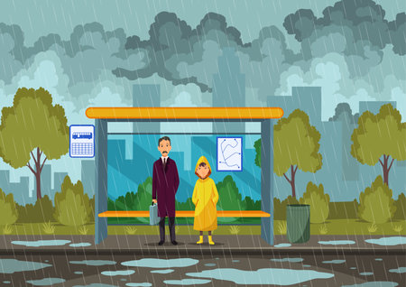 Rainy weather bus stop. Men and women hide under bus stop from rain. Outdoor urban street in rain, pavement in puddles, sky with clouds. Cartoon flat vector illustrationのイラスト素材