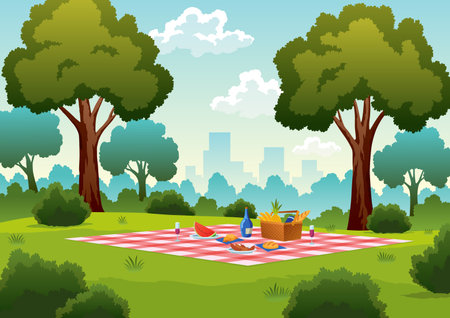 Picnic city park, ready-to-eat food and drinks on blanket in green garden with skyline of multistory buildings. Cartoon wicker basket, fruits and vegetables, sandwiches and bottle of wine on rugのイラスト素材