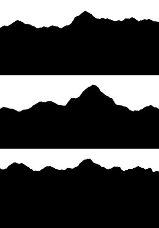 Set of mountains silhouettes landscape background. Rocky panorama with mountains skyline and pine tree forest. Scenery with slopes, vector cartoon illustrationのイラスト素材