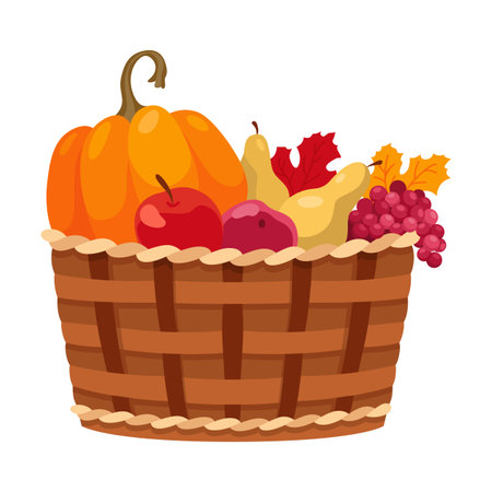 Basket autumn harvest icon. Grocery products in eco basket. Fresh organic healthy vegetarian food. Wicker baskets with autumn harvest of fruits and vegetables isolated on whiteのイラスト素材