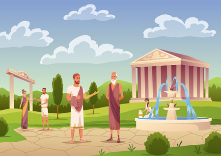 Ancient roman or greece people. Civilian population, male and female characters in tunics, cypresses trees, coliseum and amphitheater columns, templeのイラスト素材