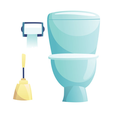 A bathroom toilet equipped with a plunger and a toilet paper holderのイラスト素材