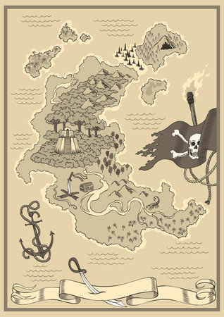 Old antique treasure map. Cartoon island map template for next level game - adventures quest or treasure hunt. Pirate grunge map. Hand drawn vintage vector illustrationのイラスト素材