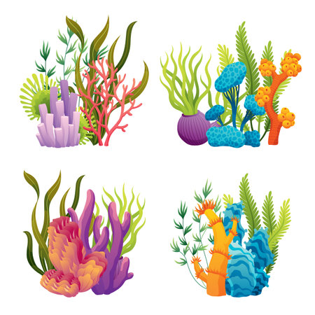 Set of watercolor seaweed and corals isolated on white background. Underwater algae. Aquarium plants collection. Vector marine life. Vector isolated corals and algae. Underwater floraのイラスト素材