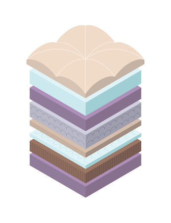 Layered orthopedic mattress icon. Isometric bed section layers. Fabric breathable material, structure for correct sleeping position. Soft filler, comfort synthetic fiberのイラスト素材