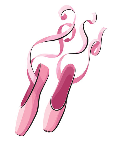 Ballet accessorie. Pink pair of pointe-shoes with satin or silk ribbon. Vector hand drawn sketch style objectのイラスト素材