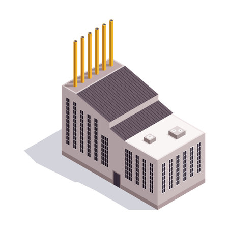 Isometric factory. Concept of industrial plant with chimney tower or pipes. Industrial bulding. 3d isolated icon. Architecture of manufacture houseのイラスト素材