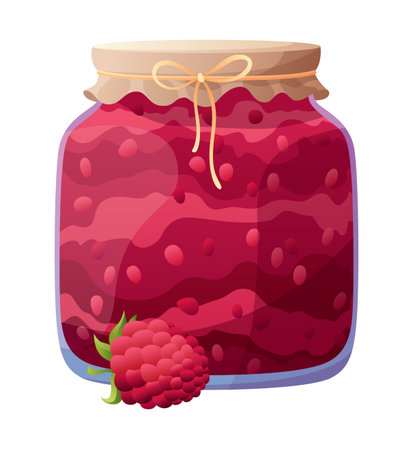 Jam jar with raspberry. Homemade berries and fruit jam, natural organic product. Breakfast food, sweet fruit dessert vector illustration. Winter pot on white backgroundのイラスト素材