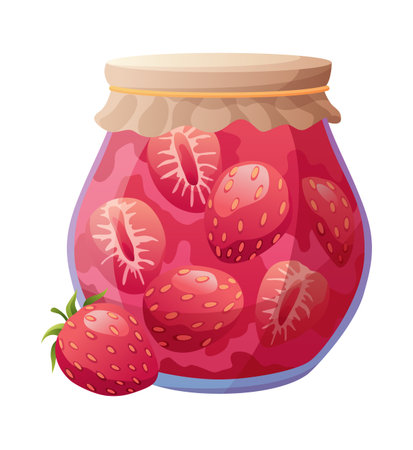 Jam jar with strawberry. Homemade berries and fruit jam, natural organic product. Breakfast food, sweet fruit dessert vector illustration. Winter pot on white backgroundのイラスト素材