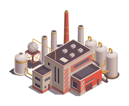 Factory isometric. Industrial bulding. Concept of industrial plant with chimney tower. 3d isolated icon. Architecture of manufacture house. Vector cartoon illustrationのイラスト素材