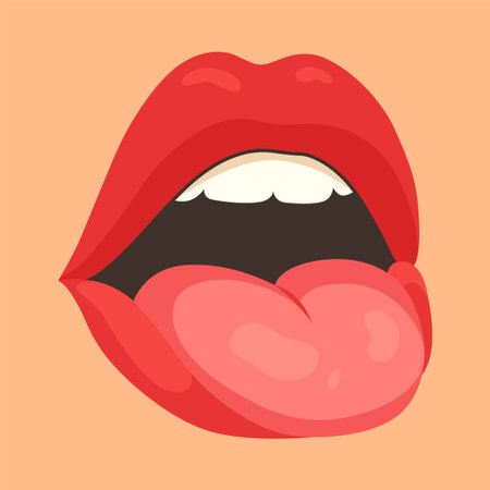 Red lip female. Woman expressed emotion, beauty concept. Modern flat vector design illustrationのイラスト素材