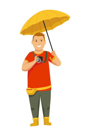 A pixel art of a man with an umbrella taking a pictureのイラスト素材