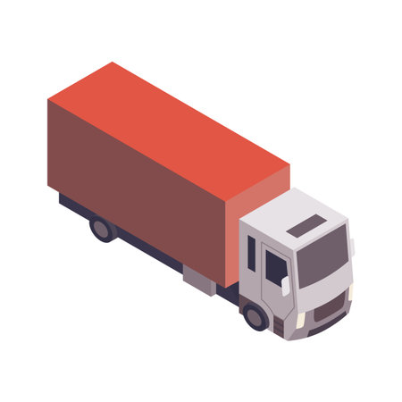 An Isometric Delivery Truck showcasing Orange Cargo in a bustling urban city settingのイラスト素材