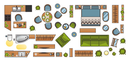 Interior furniture collection top view. Elements for living room, bedroom, kitchen, bathroom. Floor plan, view from above. Furniture store. Icons set of interior. Isolated vector illustrationのイラスト素材