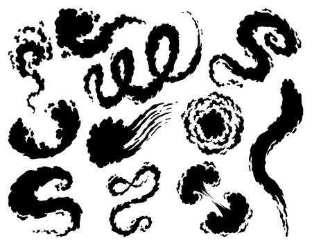 Smoke cloud icons in different forms. Vector special effects of puff and steam clouds, fire blast, smog and fume, dust or vapor template set. Cartoon design white elements of comic bookのイラスト素材
