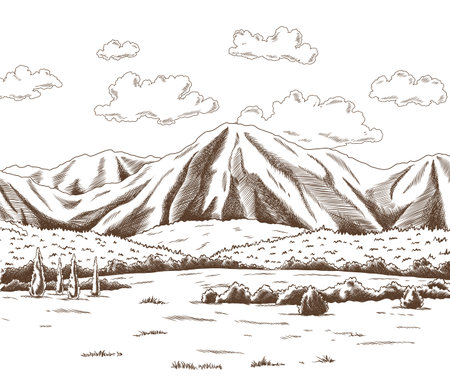 Vintage meadow with high mountains and clouds. Hand drawn farm land vector illustration. Rural landscape, village vintage sketchのイラスト素材