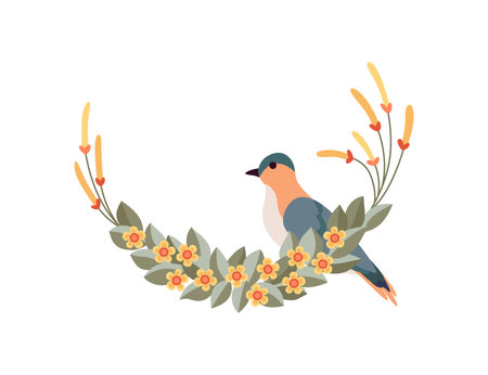 Round flower bird frame, vintage wreath with blossom. Folk art, ornamental frame with floral composition. Bright illustration, can be used as creating or invitation cardのイラスト素材
