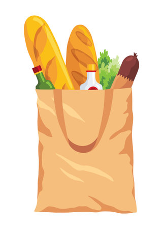 Paper shopping bag products grocery. Different food and beverage products, grocery shopping. Grocery supermarket. Fresh organic food and drinks. Grocery delivery conceptのイラスト素材