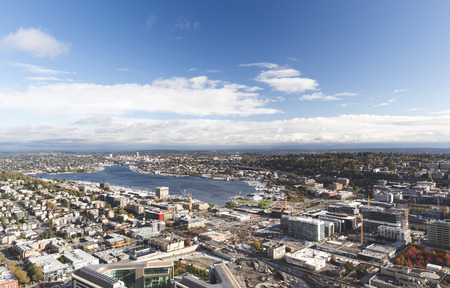 View from the Space Needle in downtown Seattle, Washington, USA. Sunny summer or fall day.の写真素材