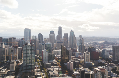 View from the Space Needle in downtown Seattle, Washington, USA. Sunny summer or fall day.のeditorial素材