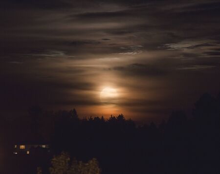 Full moon behind clouds in forest landscape.の写真素材