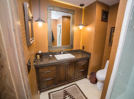 The bathroom inside an upscale modern home. Grainte counter tops, custom lighting and finishes.のeditorial素材