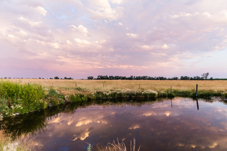Still pond water reflecting the sky during a cloudy sunset or sunrise in rural farm landscape.の写真素材